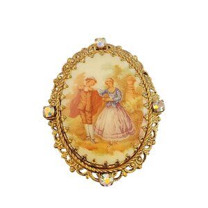 West Germany Fragonard Porcelain Rhinestone Brooch (A5704)